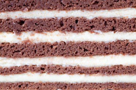 Photo for Close-up of a layered chocolate and cream cake, a tempting dessert with rich flavors and textures. - Royalty Free Image