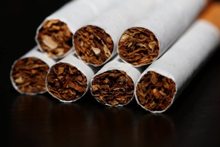 Una vista de una serie de cigarrillos aislados en el tabaco de fondo negro de cerca dejar de fumar cigarrillo dejar de fumar mal hábito adicto a la nicotina de gran tamaño de alta calidad impresión instantánea