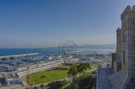 Photo for Tangier, Morocco. October 15th, 2022 - Port Mosque, in front of the port terminal, the fisher port, from the Bab Bhar door in the kasbah - Royalty Free Image