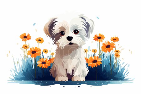 Foto de Cachorro sentado entre flores vector plano aislado ilustración - Imagen libre de derechos