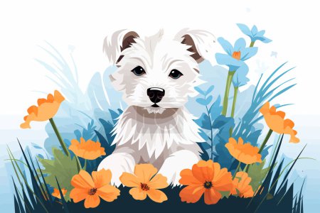 Foto de Cachorro sentado entre flores vector plano aislado ilustración - Imagen libre de derechos