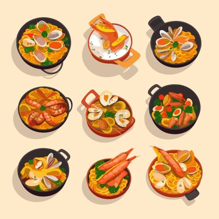 Illustration for Paella collection isometric isolated on white - Royalty Free Image