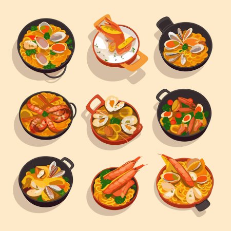 Paella collection isometric isolated on white