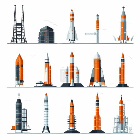 Rocket launch pad set vector isolated