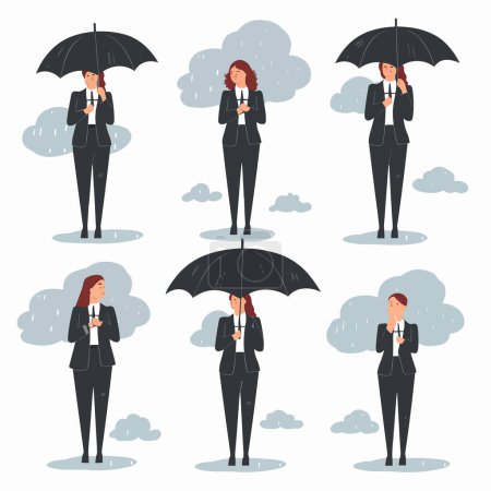 Téléchargez les illustrations : Femme déprimée en costume sous parapluie vecteur isolé - en licence libre de droit