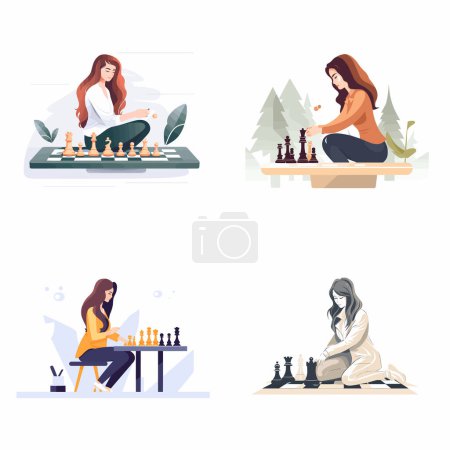 Téléchargez les illustrations : Femme jouant aux échecs ensemble vecteur isolé - en licence libre de droit