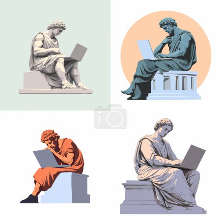 Illustration for Greek statue working on laptop vector isolated - Royalty Free Image
