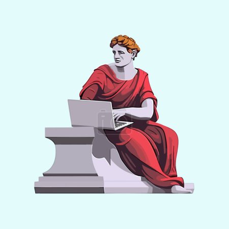 Estatua griega trabajando en portátil vector aislado