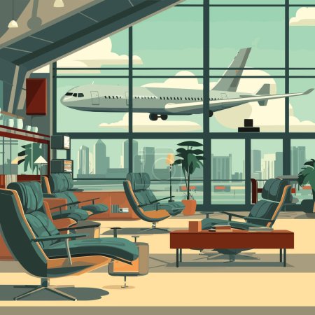 Téléchargez les illustrations : Aéroport vintage intérieur vecteur plat isolé - en licence libre de droit