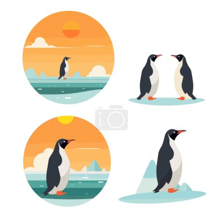 Téléchargez les illustrations : Pingouin près de l'océan ensemble vecteur plat minimaliste isolé - en licence libre de droit