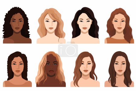 Téléchargez les illustrations : Portrait de femmes aux teintes de peau uniques illustration vectorielle isolée - en licence libre de droit