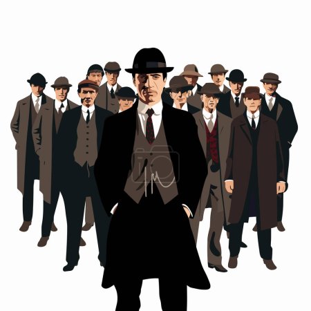 Téléchargez les illustrations : Gangster style groupe d'hommes Un groupe d'hommes à Peaky illustration isolée - en licence libre de droit