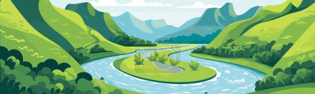 A winding river through a valley vector simple 3d isolated illustration