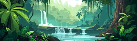 Téléchargez les illustrations : Forêt tropicale luxuriante avec vecteur cascade illustration isolée 3d simple - en licence libre de droit