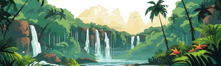 Téléchargez les illustrations : Forêt tropicale luxuriante avec vecteur cascade illustration isolée 3d simple - en licence libre de droit