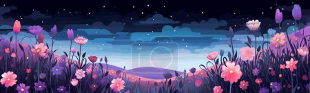 Illustration for Field with flowers glowing in dark vector simple 3d isolated illustration - Royalty Free Image