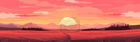 puesta de sol ardiente sobre un vector de pradera simple ilustración aislada lisa 3d
