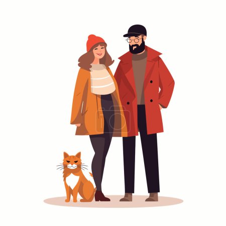 Téléchargez les illustrations : Couple avec vecteur chat plat minimaliste illustration isolée - en licence libre de droit