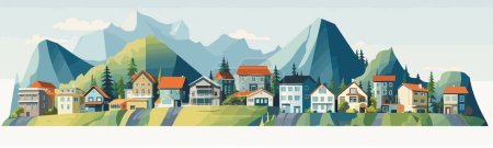 Téléchargez les illustrations : Groupe de petites maisons en montagne vecteur 3d simple illustration isolée - en licence libre de droit