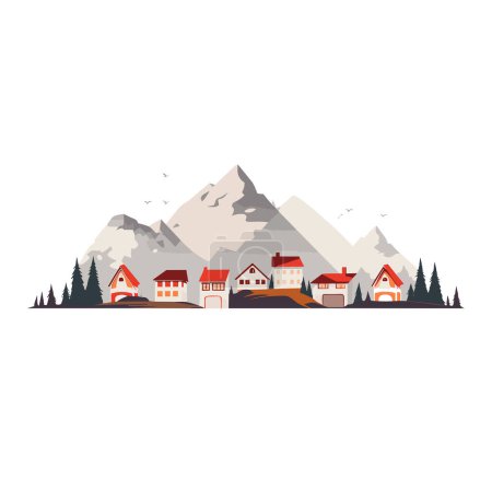 Group of small houses in mountains vector flat isolated illustration