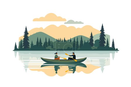 Téléchargez les illustrations : Couple bateau sur un lac calme vecteur plat illustration isolée - en licence libre de droit