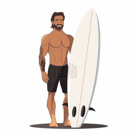 Mann steht mit Surfbrettvektor flach isoliert Abbildung