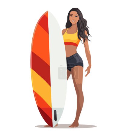 Téléchargez les illustrations : Femme debout avec planche de surf vecteur plat illustration isolée - en licence libre de droit
