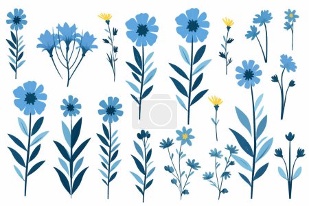 Téléchargez les illustrations : Fleurs bleues ensemble vecteur plat minimaliste illustration isolée - en licence libre de droit