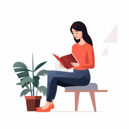 Téléchargez les illustrations : Femme lecture livre vecteur plat minimaliste isolé illustration - en licence libre de droit
