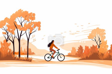 Ilustración de Bicicleta de paseo mujer en otoño paisaje rural vector ilustración aislada - Imagen libre de derechos