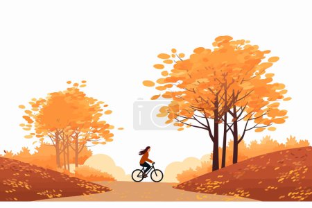 Illustration for Woman ride bicycle at autumn rural landscape vector isolated illustration - Royalty Free Image