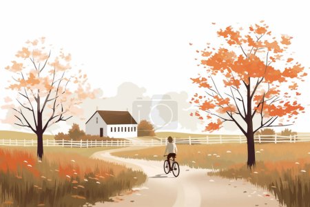 Téléchargez les illustrations : Femme vélo de randonnée à l'automne paysage rural vecteur illustration isolée - en licence libre de droit
