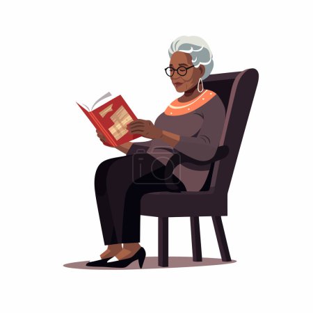 Téléchargez les illustrations : Noir vieille femme lecture vecteur plat isolé illustration - en licence libre de droit