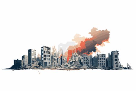 destroyed city demolished buildings fire smoke isolated illustration