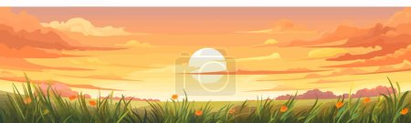 Téléchargez les illustrations : Champ de coucher de soleil vecteur plat minimaliste illustration isolée - en licence libre de droit