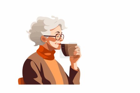 Téléchargez les illustrations : Vieille femme boire du café vecteur plat illustration isolée - en licence libre de droit