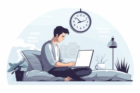 Illustration for Person in bed working on laptop vector flat isolated illustration - Royalty Free Image