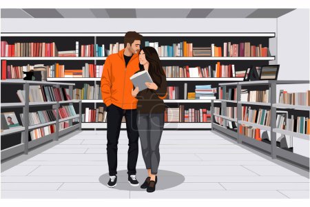 Téléchargez les illustrations : Couple en librairie vecteur plat minimaliste illustration isolée - en licence libre de droit