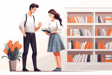 Téléchargez les illustrations : Couple en librairie vecteur plat minimaliste illustration isolée - en licence libre de droit