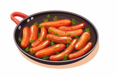 Illustration for Fried sausages on a frying pan vector flat isolated illustration - Royalty Free Image