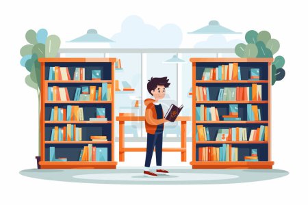 Téléchargez les illustrations : Enfant en librairie vecteur plat minimaliste illustration isolée - en licence libre de droit