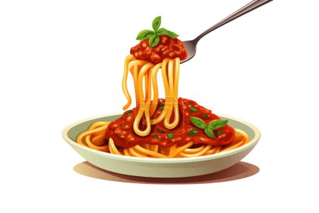 Téléchargez les illustrations : Spaghettis à la sauce bolognaise suspendus sur une illustration de style vectoriel isolé fourchette - en licence libre de droit