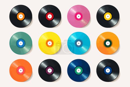 Téléchargez les illustrations : Divers disques vinyle couleur ensemble vecteur plat isolé vecteur style illustration - en licence libre de droit