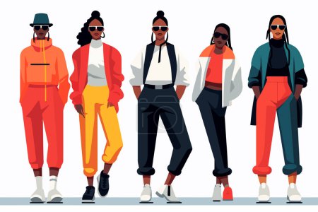 Téléchargez les illustrations : Outfits Streetwear à la mode en couleurs audacieuses illustration de style vectoriel isolé - en licence libre de droit