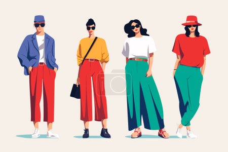 Téléchargez les illustrations : Modèles de mode des années 90 vibrantes tenues colorées et illustration de style vectoriel isolé Backg - en licence libre de droit