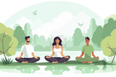 Ilustración de Sesión de meditación en grupo en un parque sereno Establecimiento de ilustración de estilo vectorial aislado - Imagen libre de derechos