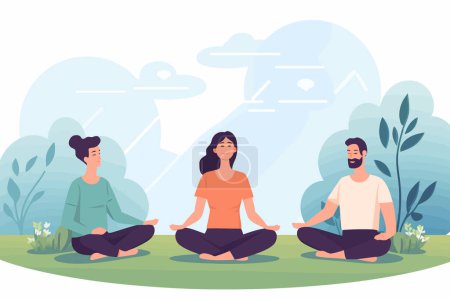 Téléchargez les illustrations : Séance de méditation de groupe dans un parc serein Illustration de style vectoriel isolé - en licence libre de droit
