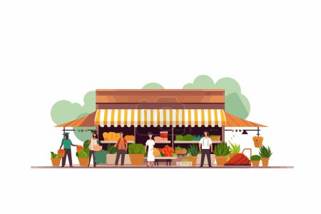 Ilustración de Mercado local de agricultores con puestos de producción ecológica aislado vector estilo ilustración - Imagen libre de derechos