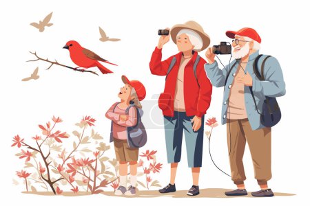 Ilustración de Pareja mayor disfrutando de la observación de aves con Grandchildr ilustración de estilo vectorial aislado - Imagen libre de derechos