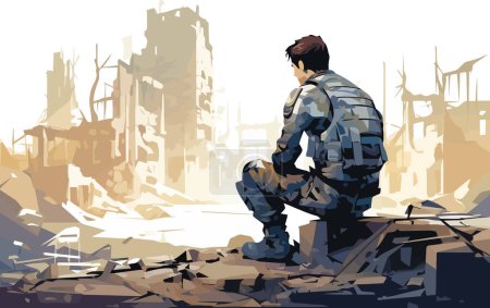 Téléchargez les illustrations : Homme soldat dans la ville ruinée illustration de style vectoriel isolé - en licence libre de droit